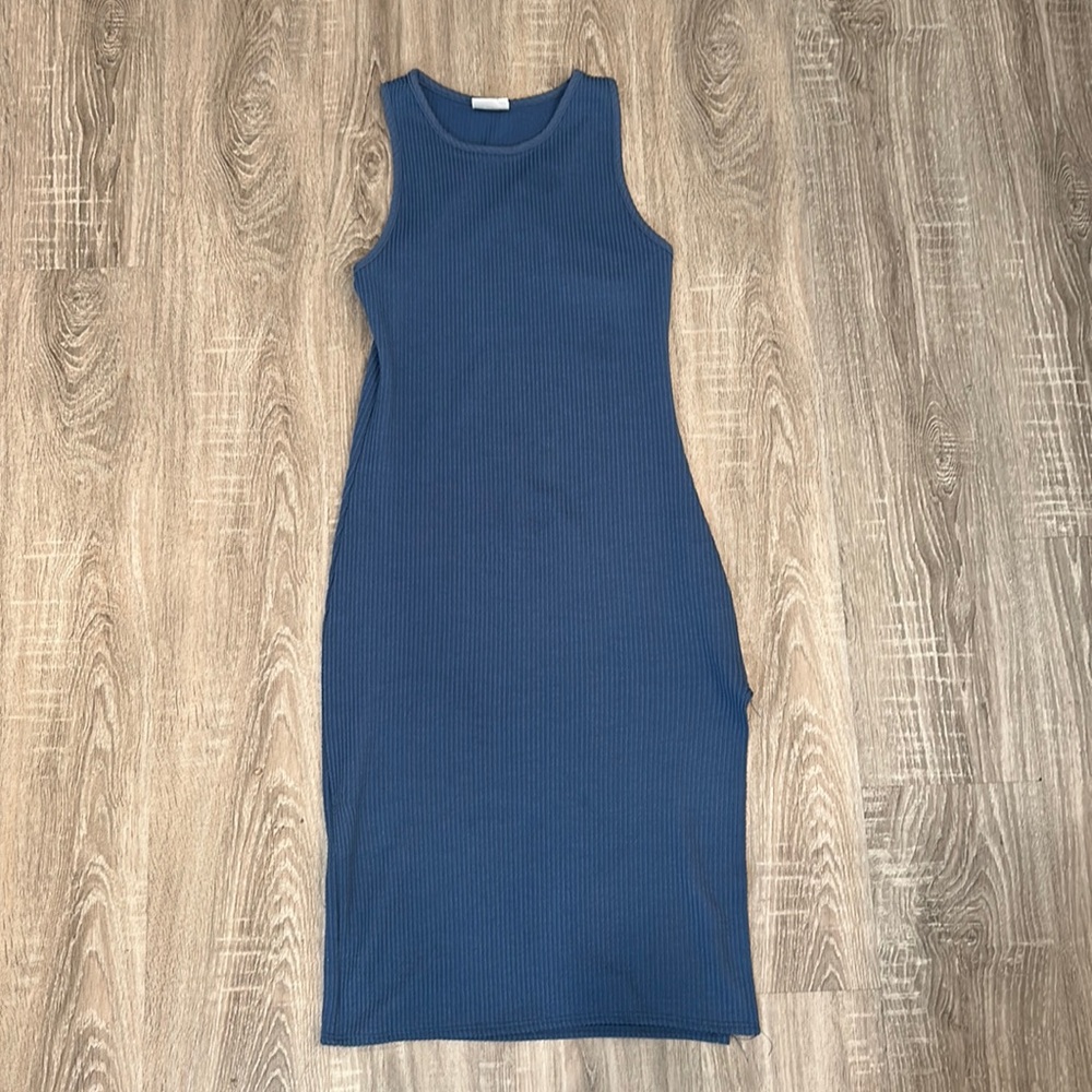 Blue Stretchy Body-con Midi Dress With Leg Slit